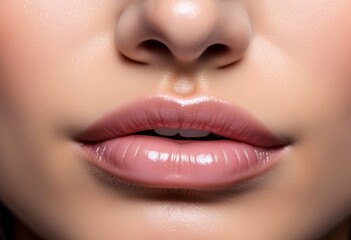 AI generated illustration of woman's lips with light pink lipstick, showcasing natural teeth