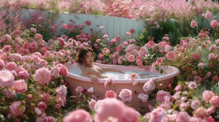 Serene woman bathing in an outdoor bathtub surrounded by lush pink roses, evoking a sense of luxury and relaxation