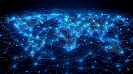 Naklejka premium 3D map of the world made from network lines and nodes, illustrating a global business strategy powered by technology