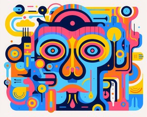 Colorful abstract geometric art with vibrant shapes and lines creating a modern face design.