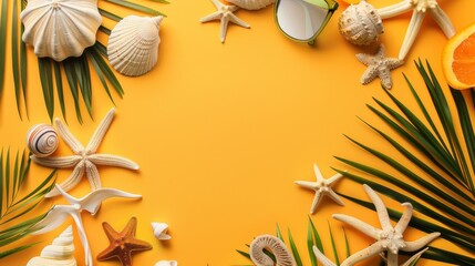 Starfish, seashells, and palm leaves around yellow background. Summer background concept with copy space
