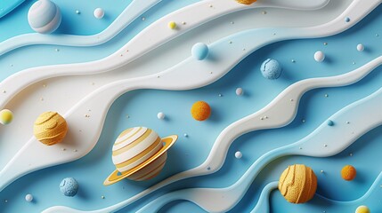 Naklejka premium Colorful 3D abstract space scene with planets and waves, elements in blue and white, creative digital background.