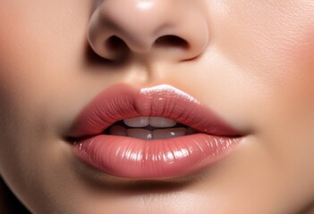 AI generated illustration of a woman's lips with light lipstick and visible natural teeth