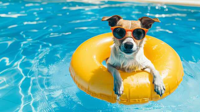 Dog wearing sunglasses in swimming ring in pool