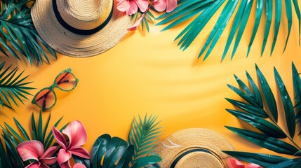 Palm leaves, hat, glasses, and tropical flowers on the yellow background with copy space. Tropical summer background concept