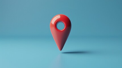 Minimalistic 3D rendering of a red location pin on a blue background, symbolizing GPS navigation and location services.