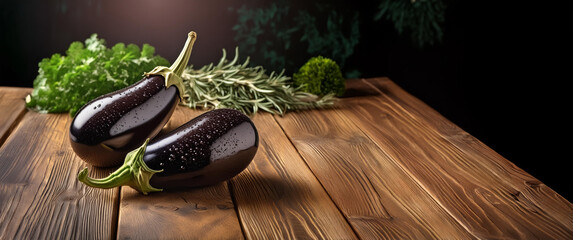 Vegetables Banner and Text Area on Wooden Table Aubergine