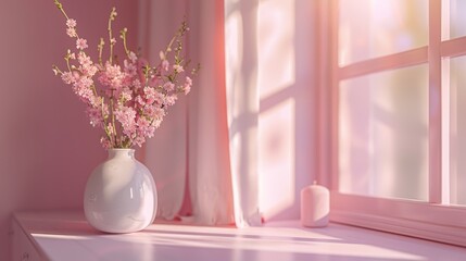 Soft pink hues and gentle light from a window create a serene floral setting with a delicate blossom arrangement. Generative Ai