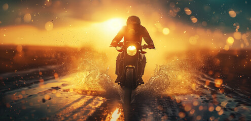 Motorcyclist Riding through Water on a Sunny Day with Splashes.