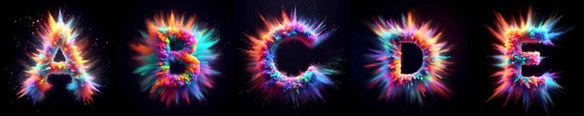 Fototapeta premium Vibrant colorful vibrant alphabet explosion burst with the letters A B C D E from the alphabet. Isolated against a black background. Creative celebration concept letters and numbers collection. 