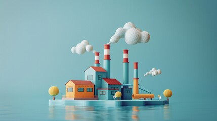 Whimsical 3D illustration of a colorful factory island with smoke stacks, vibrant buildings, and trees against a serene backdrop.
