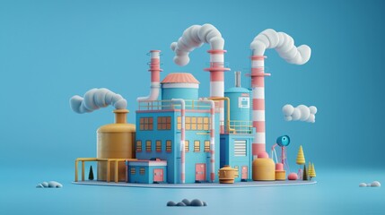 Whimsical, colorful factory in 3D art style with smoke stacks against a blue background, surrounded by small trees and clouds.