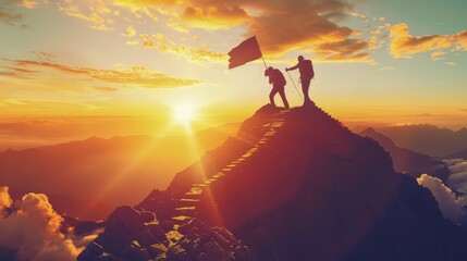 Two hikers help each other with flag in silhouette reach the top of the mountain with sunset scenery. Reach goal background concept