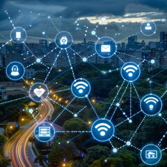 Concept of a digital network controlling city infrastructure, with business and technology interlinked
