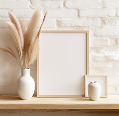 Blank empty white poster frame mockup template and wheat in the vas. Photo frame mockup in the beige wall