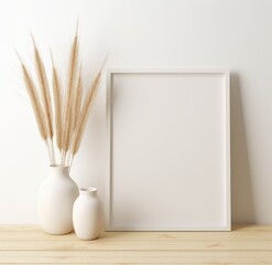 Vertical blank white poster photo frame mockup on the wooden table with wheat plant in the vas. Mockup template for product branding
