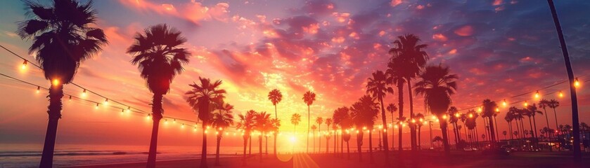 Obraz premium Stunning sunset over a beach with palm trees and string lights, creating a beautiful and serene atmosphere perfect for a tropical getaway.