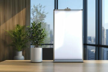Blank white vertical rollup banner mockup template on the wooden office table for ads and promotion