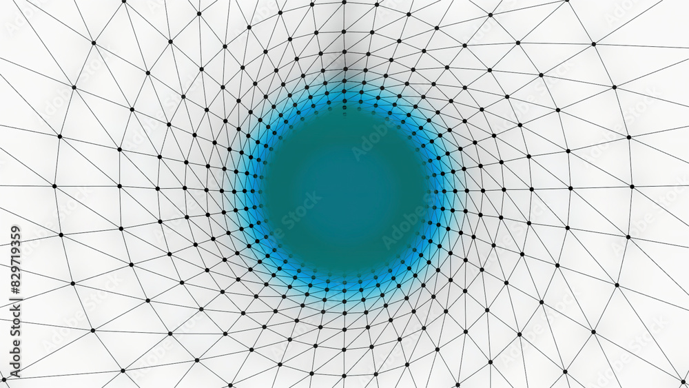 Poster moving tunnel with grid and colored cloud. design. 3d tunnel with grid and dots on white background 