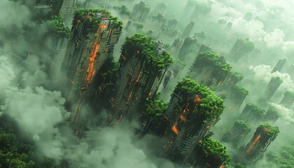 A surreal landscape of towering, overgrown structures with clouds swirling around them.