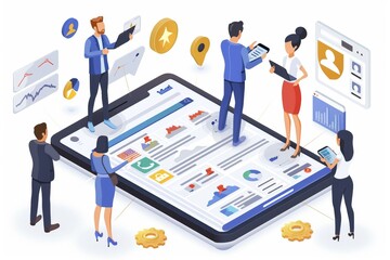 Digital business team discussing security measures with a large padlock icon, symbolizing corporate data protection and cybersecurity.