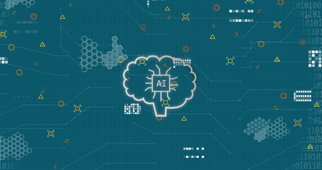 Image of ai icons and data processing over blue background