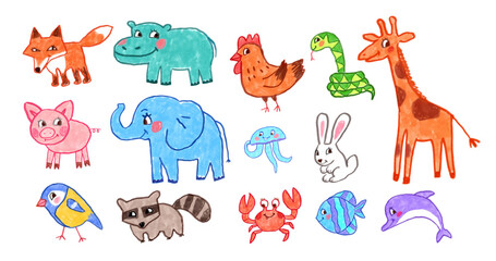 Felt pen vector colorful illustration collection of cute animals