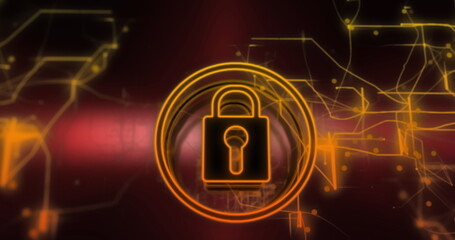 Image of padlock icon and data processing over dark background