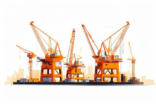 Industrial city skyline with heavy duty construction cranes in operation, highlighting urban development and modern architectural progress.