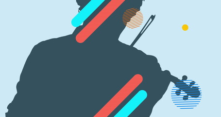 Image of colourful shapes over silhouette of man playing violin