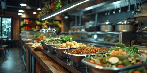 Obraz premium Various bowls of food arranged in a line on a restaurant counter