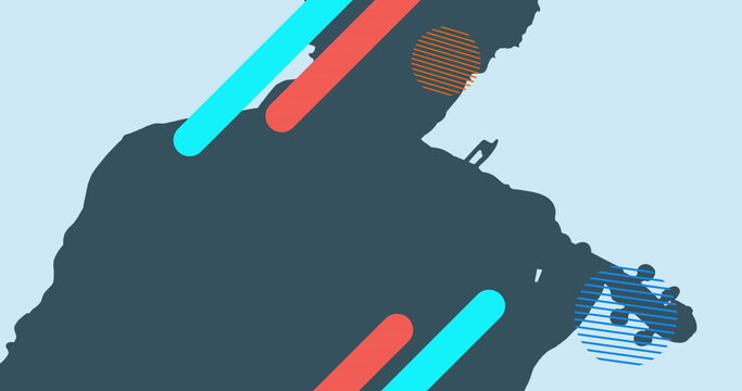 Image of colourful shapes over silhouette of man playing violin
