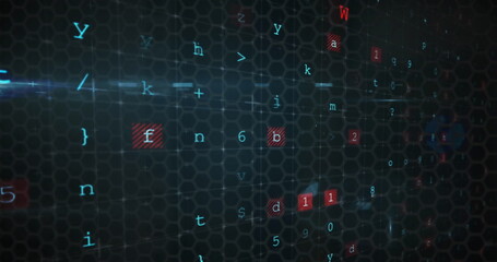 Digital code and symbols are floating on dark, hexagonal grid background