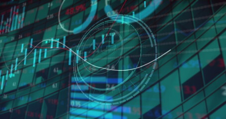 Image of 6g text on round scanner, statistical, stock market data processing over tall building