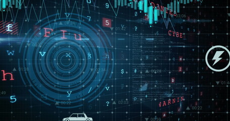 Image of digital icons and round scanner against cyber security data processing