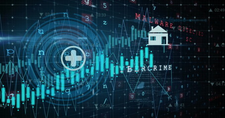 Image of digital icons and round scanner against cyber security data processing