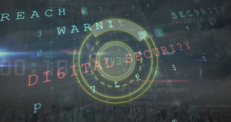 Image of round scanner over cyber security data processing against aerial view of cityscape