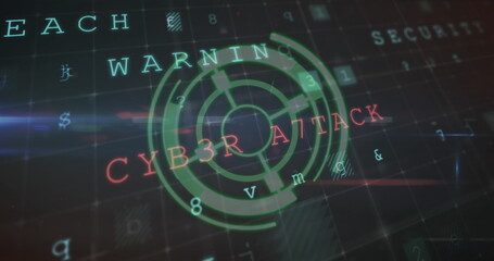 Image of round scanner over cyber security data processing against black background