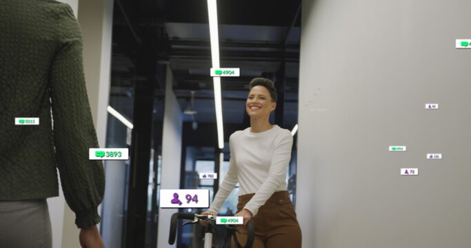 Image of social media data processing over diverse business people in office