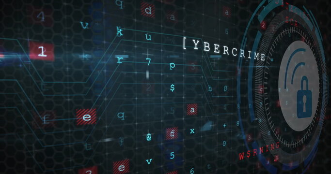 Image of security padlock icon over round scanner against cyber security data processing