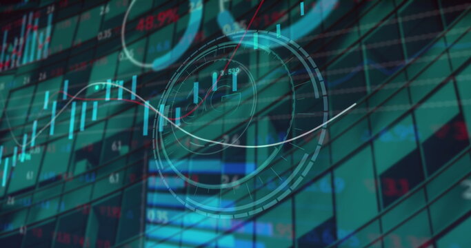 Image of 6g text on round scanner, statistical, stock market data processing over tall building