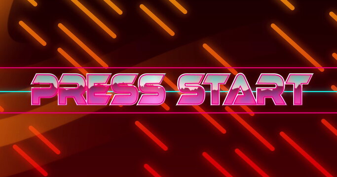 Image of press start text banner over orange digital waves and lines in seamless pattern