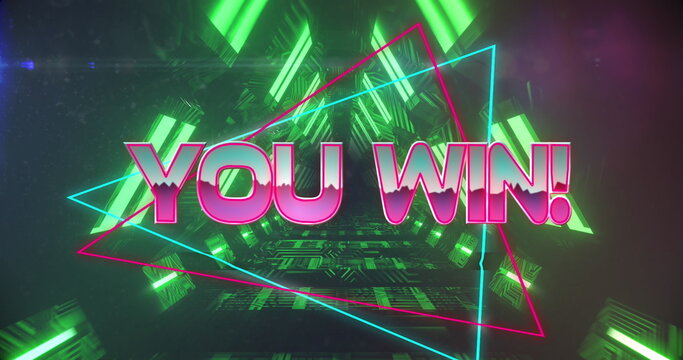 Image of high score text on neon banner against neon green triangular in seamless pattern - Powered by Adobe