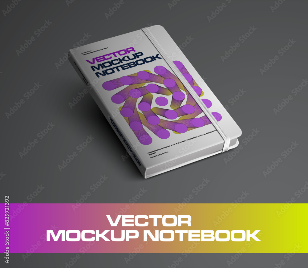 Poster Vector notebook template with elastic band, abstract design on hard cover, diagonal presentation with raised edge.