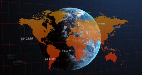 Image of data processing over world map against spinning globe in space