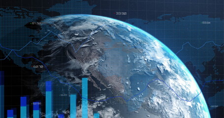 Image of globe and network of connections over blue grid