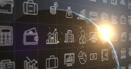 Image of interface with digital icons against spinning globe and light spot in space