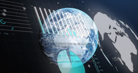 Image of statistical data processing against spinning globe in space