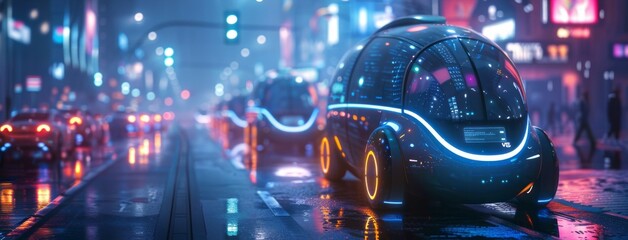 A futuristic car smoothly navigates a city street at night, its sleek design illuminated by the glowing lights of the urban landscape