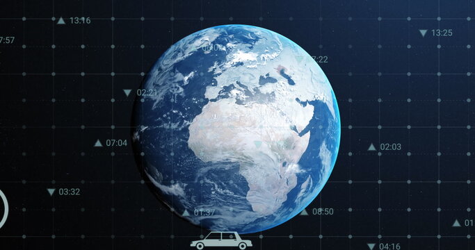 Image of multiple digital icons over grid network against spinning globe in space